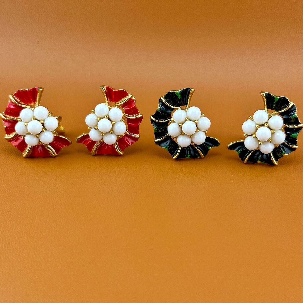 Vintage Crown Trifari Earrings Lot Red Green Enamel White Bead Flower Ruffle Fan